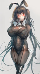 Rule 34 | 1girl, absurdres, after paizuri, animal ears, azur lane, bare shoulders, black gloves, black hair, black leotard, black pantyhose, blush, bodystocking, breasts, covered navel, cum, cum on body, cum on breasts, cum on upper body, cum string, detached collar, fake animal ears, fishnet thighhighs, fishnets, garter straps, gloves, hair between eyes, highleg, highleg leotard, highres, huge breasts, leotard, long hair, looking at viewer, o-ring, one side up, pantyhose, parted lips, playboy bunny, rabbit ears, red eyes, simple background, smile, solo, taihou (azur lane), thighhighs, thighs, very long hair, wrist cuffs, yusha m