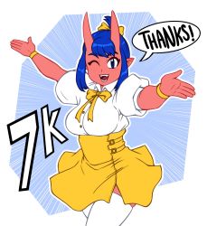 Rule 34 | 1girl, blue eyes, blue hair, blush, bow, breasts, cinna (taggo), colored skin, eyebrows, fangs, hair bow, highres, horns, large breasts, looking at viewer, one eye closed, oni, oni horns, open mouth, original, outstretched arms, pointy ears, red skin, short hair, skirt, smile, solo, speech bubble, taggo, teeth, thighhighs, white thighhighs, yellow bow, yellow skirt