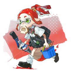 Rule 34 | 1girl, bag, bag charm, black skirt, bow, bowtie, bread, bread slice, brown footwear, cardigan, cardigan around waist, charm (object), closed mouth, clothes around waist, collared shirt, commentary request, dress shirt, dual wielding, eating, food, food in mouth, full body, glasses, golden egg (splatoon), green bow, green bowtie, green eyes, grey bag, grey cardigan, hair ornament, high ponytail, highres, holding, holding weapon, inkbrush (splatoon), inkling, inkling girl, inkling player character, late for school, loafers, miko (15476997), miniskirt, mouth hold, nintendo, pink bow, pink bowtie, pleated skirt, red hair, school bag, school uniform, shirt, shoes, shoulder bag, sidelocks, skirt, socks, solo, splatoon (series), splatoon 3, striped bow, striped bowtie, striped clothes, suction cups, tentacle hair, tri-slosher (splatoon), two-tone bow, two-tone bowtie, weapon, white-framed eyewear, white shirt, white socks