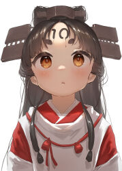 Rule 34 | 1girl, black hair, blush, brown eyes, closed mouth, hair ornament, headgear, highres, japanese clothes, kantai collection, long hair, looking up, nisshin (kancolle), short eyebrows, sidelocks, simple background, solo, toka (marchlizard), upper body, very long hair, white background