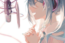 Rule 34 | 1girl, :d, blue nails, blue necktie, closed eyes, collared shirt, from side, hair over shoulder, hatsune miku, headphones, long hair, microphone, nail polish, necktie, open mouth, own hands clasped, own hands together, shirt, silver hair, sleeveless, sleeveless shirt, smile, solo, twintails, upper body, vocaloid, white background, white shirt, wing collar, yoruake
