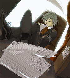 Rule 34 | 00s, 1boy, armband, bad id, bad pixiv id, chair, creatures (company), crossed legs, feet on table, formal, fuki raito, game freak, jewelry, male focus, nintendo, office chair, papers, pokemon, pokemon rse, ring, silver hair, sitting, solo, steven stone, swivel chair