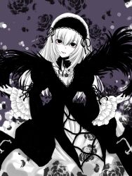 Rule 34 | 1girl, black dress, black wings, dress, expressionless, floral print, flower, frilled sleeves, frills, gothic lolita, hairband, highres, juliet sleeves, kiru (m putorius), lolita fashion, lolita hairband, long hair, long sleeves, looking at viewer, monochrome, puffy sleeves, rose, rose print, rozen maiden, solo, suigintou, white hair, wide sleeves, wings