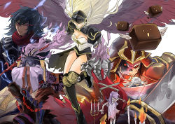 Rule 34 | 1boy, 2others, 3girls, abysmal knight, angel wings, armor, assassin cross (ragnarok online), barding, black armor, black hair, black shirt, black skirt, black socks, blonde hair, blouse, blue hair, breasts, candelabra, candle, candlestand, claw (weapon), cleavage, closed mouth, commentary request, electricity, eremes guile, expressionless, fire, flag, fire, frown, full body, hair ornament, hair over eyes, hair stick, helmet, holding, holding sword, holding weapon, incantation samurai, japanese armor, kabuto (helmet), kneehighs, long hair, long sleeves, looking at viewer, marionette, marionette (ragnarok online), medium breasts, multiple girls, multiple others, pauldrons, poleyn, puppet, ragnarok online, red eyes, red scarf, scarf, shirt, shoulder armor, skeggiold, skeleton, skirt, socks, sohee, sword, undead, upper body, valkyrie, valkyrie randgris, visor (armor), weapon, white hair, wide sleeves, wings, zhi xie