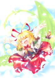 Rule 34 | 1girl, absurdres, arms up, blonde hair, blue eyes, bow, dqn (dqnww), dress, closed eyes, female focus, flower, hair bow, hair ornament, hair ribbon, highres, lily of the valley, medicine melancholy, open mouth, ribbon, short hair, smile, solo, su-san, touhou, wings