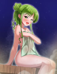 Rule 34 | 1girl, bath, bathing, commentary, covering breasts, covering privates, green eyes, green hair, long hair, naked towel, nude, nude cover, onsen, open mouth, original, osanai (shashaki), see-through, sharp teeth, sidelocks, sitting, sky, solo, star (sky), starry sky, steam, sweat, taw (t765p), teeth, towel, wet, wet towel