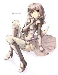 Rule 34 | 1girl, player character (mabinogi), boots, breasts, garter straps, korean text, mabinogi, nellen, red eyes, short hair, simple background, solo, succubus (mabinogi), thighhighs, translation request, white background, white thighhighs