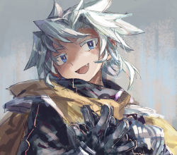Rule 34 | 1girl, :d, armor, bad id, bad pixiv id, blue eyes, cape, colored eyelashes, fang, gloves, grey background, head tilt, highres, looking at viewer, open hand, open mouth, original, pauldrons, portrait, shichigatsu, short hair, shoulder armor, silver hair, smile, solo, yellow cape