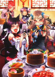 Rule 34 | 0 0, 4girls, :d, ^ ^, absurdres, animal ears, bamboo steamer, baozi, bare shoulders, black hair, blush, breasts, brown hair, cat ears, cellphone, chair, china dress, chinese clothes, cleavage, detached sleeves, double bun, dress, eating, closed eyes, fang, food, hair ornament, hand on own face, highres, holding, iphone, moeru iphone dokuhon, multiple girls, open mouth, original, phone, pink hair, ponytail, red eyes, scan, sitting, smartphone, smile, table, tears, yazumi (yazzz), yzy