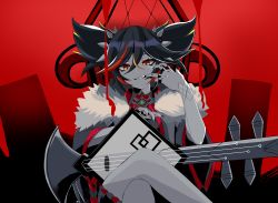Rule 34 | 1girl, absurdres, black nails, brown eyes, crossed legs, fur scarf, genshin impact, guitar, head tilt, highres, holding, holding instrument, instrument, jewelry, king (vocaloid), looking at viewer, mouth pull, multicolored hair, nail polish, nekol, parody, red hair, ring, sitting, solo, spot color, streaked hair, throne, twintails, vocaloid, xinyan (genshin impact)