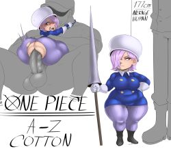 Rule 34 | 1boy, 1girl, absurdres, ass, blush, breasts, clothed sex, clothes, colored skin, cotton (one piece), cowgirl position, gloves, grabbing, grabbing from behind, grey skin, hair over one eye, hat, helmet, hetero, highres, holding, holding weapon, huge ass, huge penis, large breasts, looking at viewer, marine (one piece), muscular, muscular male, one piece, open mouth, penis, pointy nose, purple eyes, purple hair, sex, shortstack, simple background, sitting, sitting on person, size difference, straddling, sunnysundown, testicles, torn clothes, weapon, white background, white gloves