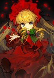 Rule 34 | 1girl, blonde hair, blue eyes, bonnet, bow, bowtie, capelet, commentary request, cowboy shot, dress, drill hair, drill sidelocks, flower, flower brooch, frilled capelet, frilled dress, frilled sleeves, frills, green bow, green bowtie, highres, lolita fashion, long dress, long hair, long sleeves, looking at viewer, medium bangs, parted lips, petals, pink flower, pink rose, reaching, reaching towards viewer, red capelet, red dress, red headwear, rose, rozen maiden, shinku, sidelocks, signature, solo, twintails, very long hair, yukikohuang