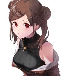 Rule 34 | 1girl, akimikan (2.5deciliter), bare shoulders, black shirt, blush, breasts, brown hair, brown jacket, closed mouth, dot nose, double bun, earrings, hair bun, hair ornament, hairclip, heart, heart earrings, heart necklace, highres, idolmaster, idolmaster shiny colors, jacket, jewelry, large breasts, long hair, looking at viewer, necklace, off shoulder, partially unzipped, red eyes, shirt, simple background, sleeveless, sleeveless shirt, smile, solo, sonoda chiyoko, twintails, upper body, white background, zipper