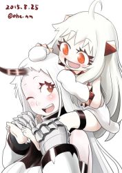 Rule 34 | 10s, 2girls, abyssal ship, ahenn, ahoge, bare shoulders, barefoot, breasts, claws, colored skin, commentary request, detached sleeves, dress, horns, kantai collection, large breasts, long hair, mittens, multiple girls, northern ocean princess, open mouth, pale skin, red eyes, ribbed dress, seaport princess, simple background, single horn, sleeveless, sleeveless dress, white background, white dress, white hair, white skin