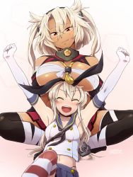 Rule 34 | 10s, 2girls, ^ ^, anchor, armpits, arms up, artist name, black legwear, blonde hair, blue skirt, blush, breast rest, breasts, breasts on head, closed eyes, dark-skinned female, dark skin, elbow gloves, glasses, gloves, huge breasts, ike shita, ikeshita moyuko, indian style, kantai collection, long hair, medium breasts, multiple girls, musashi (kancolle), navel, open mouth, pointy hair, red eyes, sarashi, shimakaze (kancolle), sitting, skirt, smile, striped clothes, striped legwear, striped thighhighs, thighhighs, white gloves
