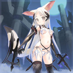 Rule 34 | 1girl, animal ears, bikini, black thighhighs, blonde hair, blush, bow (weapon), breasts, crossbow, dual wielding, elbow gloves, gloves, hair ornament, holding, long hair, medium breasts, navel, no bra, original, sky, solo, standing, swimsuit, tail, thighhighs, tougetsu gou, underboob, very long hair, weapon, yellow eyes
