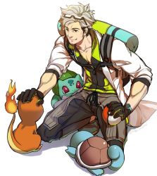 Rule 34 | 10s, 1boy, bulbasaur, charmander, creatures (company), edo mond (edoedoedomond), eyewear on head, facial hair, fire, flame-tipped tail, game freak, gen 1 pokemon, gloves, headpat, holding, holding poke ball, kneeling, lab coat, looking at another, lying, male focus, nintendo, on stomach, poke ball, pokemon, pokemon (creature), pokemon go, red eyes, simple background, sitting, smile, squirtle, starter pokemon trio, stubble, tail, white background, white hair, willow (pokemon)