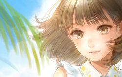 Rule 34 | 1girl, bad id, bad twitter id, blouse, blue sky, brown eyes, brown hair, cloud, cloudy sky, commentary request, day, dress, looking at viewer, original, outdoors, palm tree, parted lips, romiy, shirt, short hair, sky, solo, tree, white dress, white shirt