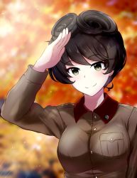 Rule 34 | 1girl, absurdres, amogan, brown hair, brown jacket, chi-hatan military uniform, commentary, commission, girls und panzer, green eyes, hair rings, highres, hosomi shizuko, jacket, long sleeves, pixiv commission, salute, short hair, smile, solo, upper body