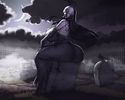 Rule 34 | 1girl, absurdres, breasts, female focus, goth fashion, gothmom, graveyard, highres, huge breasts, large breasts, lipstick, makeup, mature female, multicolored hair, night, night sky, sky, solo, tombstone