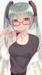 Rule 34 | 1girl, :&lt;, absurdres, alternate eye color, aqua hair, arm at side, black shirt, blush, breasts, closed mouth, commentary, glasses, green hair, hair ornament, hand up, hatsune miku, headphones, highres, huge filesize, jacket, jewelry, leehwa, long hair, long sleeves, looking at viewer, medium breasts, nail polish, necklace, off shoulder, pendant, plaid, pointing, pointing at self, red-framed eyewear, red eyes, red nails, shirt, sidelocks, simple background, solo, twintails, upper body, vocaloid, white background, white jacket
