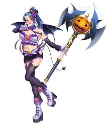 Rule 34 | 1girl, axe, battle axe, blue hair, boots, breasts, cleavage, costume, dress, embarrassed, fake tail, fake wings, frilled shirt, frills, full body, garter straps, halloween costume, high heel boots, high heels, hime cut, kagami hirotaka, lace-trimmed tube top, lace trim, large breasts, lilith-soft, long hair, miniskirt, nervous smile, official art, open mouth, shiny skin, shirt, skirt, smile, smirk, solo, strapless, tail, taimanin (series), taimanin asagi, taimanin rpgx, thighhighs, tube top, very long hair, weapon, wings, yatsu murasaki