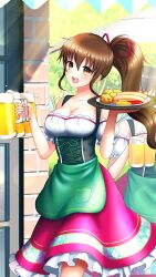 Rule 34 | 1girl, :d, apron, beer mug, breasts, brown eyes, brown hair, cleavage, collarbone, cup, day, detached sleeves, doukyuusei, doukyuusei another world, food, game cg, german clothes, green apron, hair between eyes, hair ribbon, holding, holding plate, large breasts, long hair, long skirt, mug, open mouth, outdoors, plate, ponytail, red ribbon, red skirt, ribbon, shirt, short sleeves, skirt, smile, solo focus, tanaka misa, underbust, very long hair, waist apron, white shirt, white sleeves