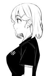 Rule 34 | 1girl, breasts, closed mouth, clothes writing, commentary request, greyscale, hair between eyes, hair ornament, hairclip, highres, kekemotsu, medium breasts, monochrome, original, profile, shirt, short sleeves, simple background, smile, solo, upper body, white background