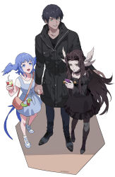 Rule 34 | 1boy, 2girls, :d, alternate costume, alternate form, bag, bird girl, bird tail, bird wings, black choker, black coat, black dress, black footwear, black hair, black lips, black pantyhose, blue dress, blue eyes, blue hair, blue pants, bright pupils, buttons, byuub, cellphone, charm (object), child, choker, coat, collarbone, contemporary, cross-laced footwear, cup, dated, disposable cup, dress, drink, drinking straw, father and daughter, feathered wings, final fantasy, final fantasy xiv, frilled dress, frills, from above, full body, goth fashion, green eyes, hair intakes, hand up, handbag, head wings, height difference, hermes (ff14), highres, holding, holding cup, holding drink, holding hands, holding phone, hood, hood down, hooded coat, jewelry, long hair, long sleeves, looking at another, looking up, meteion, multiple girls, multiple wings, necklace, open mouth, pants, pantyhose, parted lips, phone, pinafore dress, shirt, shoes, short hair, short sleeves, siblings, sidelocks, simple background, sisters, sleeveless, sleeveless dress, smartphone, smile, snake, standing, tail, the endsinger, white background, white footwear, white pupils, white shirt, wings, yellow eyes