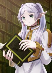 Rule 34 | 1girl, frieren, green eyes, grey hair, highres, indoors, long sleeves, looking at viewer, manato, pointy ears, smile, solo, sousou no frieren, twintails