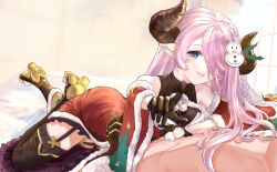 Rule 34 | 1girl, bare shoulders, black gloves, blue eyes, braid, brown horns, christmas, commentary request, curled horns, detached sleeves, draph, dress, fur-trimmed dress, fur-trimmed sleeves, fur trim, garter straps, gloves, granblue fantasy, hair over one eye, highres, horns, keqikehe, looking at viewer, lying, narmaya (granblue fantasy), narmaya (holiday) (granblue fantasy), official alternate costume, on stomach, open mouth, pink hair, pointing, pointing at viewer, pointy ears, pom pom (clothes), santa dress, single braid, smile, snowman hair ornament, solo, wide sleeves