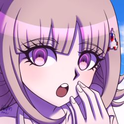 Rule 34 | 1girl, 2021, :o, blunt bangs, brown hair, commentary, danganronpa (series), danganronpa 2: goodbye despair, day, english commentary, galaga, hair ornament, hand on own cheek, hand on own face, hand up, inglebard, looking at viewer, nanami chiaki, outdoors, pink eyes, portrait, signature, solo, teeth, upper teeth only