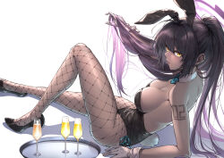 Rule 34 | 1girl, alcohol, animal ears, bare shoulders, black leotard, blue archive, blush, bow, breasts, cup, curry bowl, dark-skinned female, dark skin, detached collar, drinking glass, fake animal ears, fishnet pantyhose, fishnets, gloves, halo, high heels, holding, holding own hair, karin (blue archive), karin (bunny) (blue archive), large breasts, leotard, long hair, looking at viewer, official alternate costume, pantyhose, parted lips, playboy bunny, ponytail, pumps, purple hair, rabbit ears, rabbit tail, shoes, simple background, sitting, solo, stiletto heels, strapless, strapless leotard, tail, tray, white background, white gloves, wrist cuffs, yellow eyes