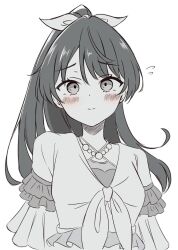 1girl 3: alt_text blush breasts closed_mouth commentary_request cropped_shirt embarrassed flying_sweatdrops frilled_shirt frills greyscale high_ponytail highres iroha_(nami3) link!_like!_love_live! long_hair love_live! medium_breasts monochrome murano_sayaka natsumeki_pain official_alternate_costume ponytail shirt short_sleeves simple_background solo split_mouth upper_body virtual_youtuber white_background