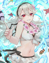 Rule 34 | 1girl, bikini, black hairband, black ribbon, breasts, commentary request, corrin (female) (fire emblem), corrin (female) (summer) (fire emblem), corrin (fire emblem), dragon girl, fire emblem, fire emblem fates, fire emblem heroes, fish, flower, flower necklace, flower neckwear, frilled bikini, frills, grin, hairband, highres, jewelry, looking at viewer, medium breasts, necklace, nintendo, official alternate costume, pointy ears, red eyes, ribbon, sakura no yoru, smile, solo, swimsuit, waist ribbon, white bikini, white hair