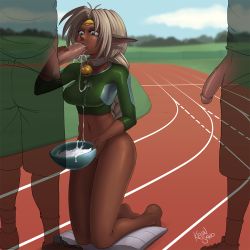 Rule 34 | 1girl, 2boys, aisha clanclan, animal ears, neck bell, blush, bottomless, breasts, cat ears, collar, cum, cum in mouth, fellatio, green eyes, kevinsano, large breasts, multiple boys, navel, oral, outdoors, outlaw star, penis, solo focus, white hair