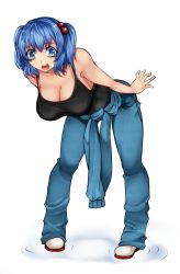 Rule 34 | 1girl, :d, aoshima, bare arms, bare shoulders, bent over, blue eyes, blue hair, breasts, cleavage, clothes around waist, female focus, full body, hair bobbles, hair ornament, hanging breasts, highres, jumpsuit, kawashiro nitori, large breasts, looking at viewer, matching hair/eyes, no bra, open mouth, pants, round teeth, shirt, shirt around waist, smile, solo, standing, strap gap, tank top, teeth, touhou, twintails, two side up, undershirt, white background