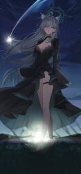 Rule 34 | 1girl, ahoge, animal ears, bare legs, barefoot, black choker, black dress, black jacket, blue archive, blue eyes, breasts, bright pupils, choker, cleavage, cropped jacket, dress, duplicate, extra ears, floating hair, fox ears, full body, gnns, grey hair, halo, highres, jacket, large breasts, long dress, long hair, long sleeves, looking at viewer, open clothes, open jacket, outdoors, parted lips, shiroko (blue archive), shiroko terror (blue archive), shooting star, skindentation, sleeves past fingers, sleeves past wrists, solo, standing, star (sky), sunset, thigh strap, thighs, very long hair