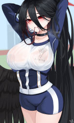 Rule 34 | 1girl, 82jhin, absurdres, arms behind head, arms up, black hair, blue archive, breasts, choker, collarbone, covered erect nipples, cowboy shot, hair between eyes, hair tie in mouth, hasumi (blue archive), hasumi (track) (blue archive), highres, jacket, large breasts, long bangs, looking at viewer, low wings, mouth hold, ponytail, red eyes, shirt, short shorts, shorts, solo, track jacket, tying hair, wet, wet clothes, wet shirt, wings