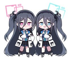 Rule 34 | &lt;key&gt; (blue archive), 2girls, aris (blue archive), black hair, black hairband, black skirt, black socks, blue archive, blue eyes, hair between eyes, hairband, heart, heart hands, highres, jacket, long hair, looking at viewer, moongzzi s2, multiple girls, pink eyes, shirt, side ponytail, skirt, socks, thighs, thumbs up, white jacket, white shirt