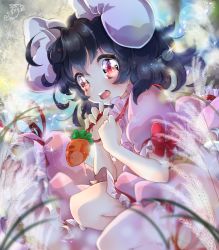 Rule 34 | 1girl, animal ears, black hair, rabbit ears, carrot, dress, inaba tewi, jewelry, looking at viewer, necklace, open mouth, pink dress, puffy sleeves, razuberii, red eyes, ribbon, short hair, short sleeves, signature, solo, sparkling eyes, touhou