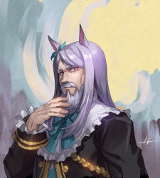 Rule 34 | 1boy, animal ears, beard, black jacket, blue bow, blue ribbon, bow, closed mouth, commentary request, ear ribbon, facial hair, frilled sleeves, frills, genderswap, hand up, horse boy, horse ears, jacket, kws, long hair, long sleeves, looking at viewer, male focus, mejiro mcqueen (umamusume), purple eyes, purple hair, recursive genderswap, ribbon, short eyebrows, solo, swept bangs, thick eyebrows, umamusume, upper body, v-shaped eyebrows