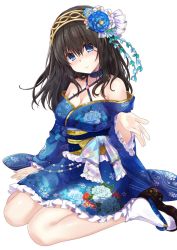Rule 34 | 10s, 1girl, azuki yui, bad id, bad twitter id, bare shoulders, beads, black hair, blue eyes, blue kimono, blue ribbon, blush, breasts, choker, cleavage, commentary request, criss-cross halter, floral print, flower, frilled kimono, frills, hair flower, hair ornament, hairband, halterneck, highres, idolmaster, idolmaster cinderella girls, japanese clothes, jewelry, kimono, legs, long hair, looking at viewer, medium breasts, neck ribbon, obi, off shoulder, outstretched hand, pendant, ribbon, sagisawa fumika, sandals, sash, seiza, short kimono, simple background, sitting, smile, socks, solo, white background, wide sleeves