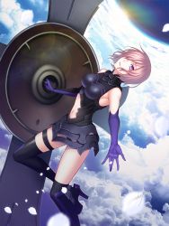 Rule 34 | 1girl, bare shoulders, black thighhighs, breasts, cloud, commentary request, day, elbow gloves, fate/grand order, fate (series), gloves, hair over one eye, highres, holding, holding shield, large breasts, looking at viewer, mash kyrielight, navel, outdoors, pink hair, purple eyes, purple gloves, purple hair, sasama keiji, shield, short hair, sky, smile, solo, thighhighs