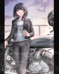 Rule 34 | 1girl, artist name, asymmetrical hair, bird, black hair, black pants, blue eyes, chain-link fence, cup, denim, disposable cup, english text, feet out of frame, fence, helmet, highres, holding, holding cup, jacket, jeans, junshiki, kawasaki, leaning on object, leather, leather jacket, medium hair, motor vehicle, motorcycle, original, pants, shirt, solo, white shirt