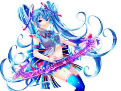 Rule 34 | 1girl, armband, blue hair, blue skirt, blue thighhighs, collared shirt, crop top, feet out of frame, grey shirt, hatsune miku, long hair, looking at viewer, navel, neck ribbon, pleated skirt, ribbon, shirayuki towa, shirt, skirt, sleeveless, sleeveless shirt, smile, solo, striped ribbon, thighhighs, twintails, very long hair, vocaloid, white background