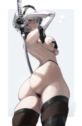 Rule 34 | 1girl, aelion draws, ass, breasts, covering privates, covering breasts, grey hair, heart, highres, large breasts, legs, lipstick, looking at viewer, looking back, makeup, nier (series), nier:automata, seductive smile, short hair, sideboob, smile, sword, thick thighs, thighs, thong, weapon, 2b (nier:automata)