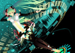 Rule 34 | 1girl, aqua hair, arm behind head, bad id, bad pixiv id, bare shoulders, barefoot, detached sleeves, dutch angle, fingerless gloves, gloves, hatsune miku, hatsune miku (append), headphones, hexagon, highres, holographic interface, holographic monitor, long hair, monitor, navel, outstretched arm, piano keys, rozer, smile, solo, sparkle, twintails, very long hair, vocaloid, vocaloid append