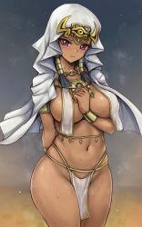Rule 34 | 1girl, arm behind back, armlet, belly chain, black hair, blush, breast curtains, breasts, cleavage, closed mouth, commentary request, covered erect nipples, cowboy shot, dark-skinned female, dark skin, eye of horus, forehead jewel, hair tubes, hand on own chest, highres, ishizu ishtar, jewelry, large breasts, long hair, looking at viewer, millennium necklace, navel, pelvic curtain, r-binon, skindentation, solo, standing, stomach, sweat, usekh collar, veil, wristlet, yu-gi-oh!, yu-gi-oh! duel monsters