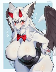 1girl artist_name black_leotard black_wings blue_background blush body_fur bow bowtie breasts commentary detached_collar fang furry furry_female highres horns large_breasts leotard long_hair open_mouth original playboy_bunny red_bow red_bowtie red_eyes red_horns solo symbol-only_commentary thighhighs thighs two-tone_background white_fur white_hair white_thighhighs whooo-ya wings